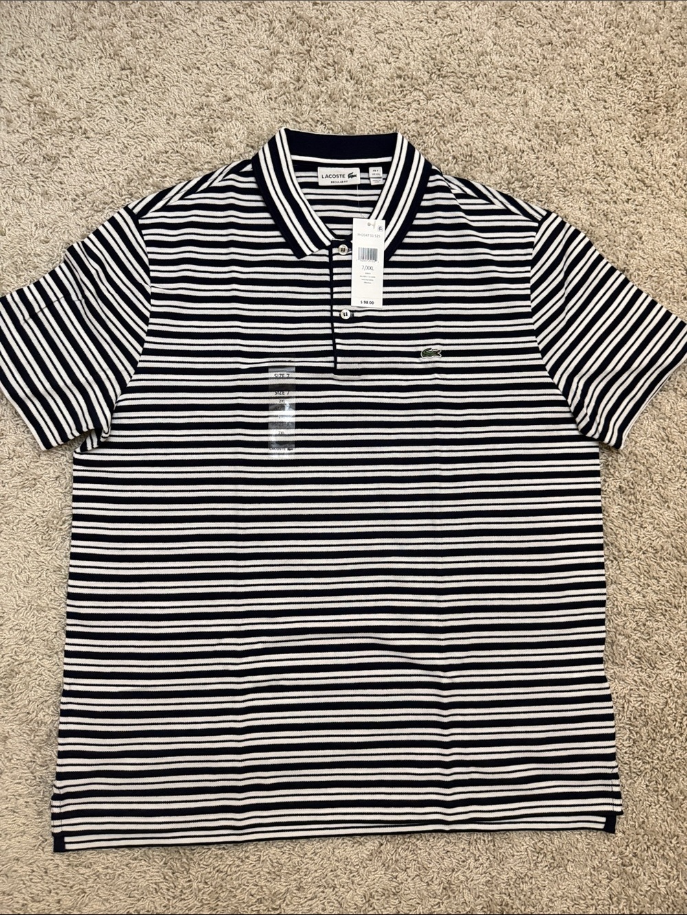 Lacoste Navy and White Striped Short-Sleeve Polo